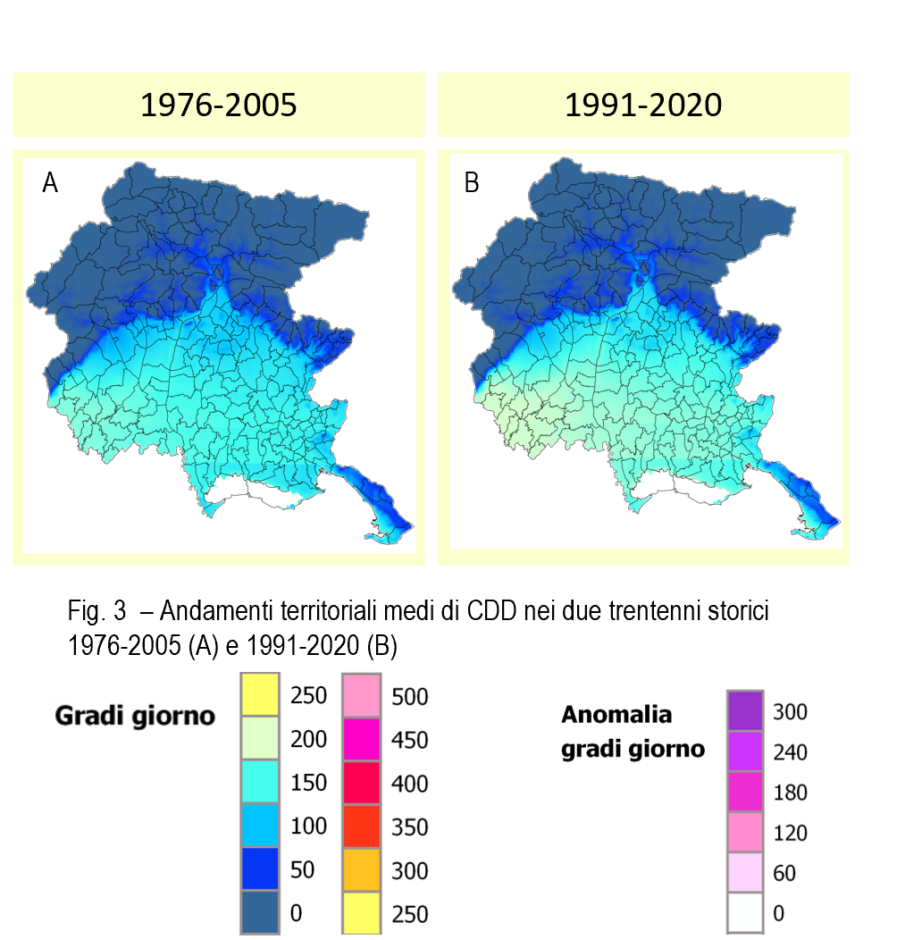 Figura 1 -  Andamenti territoriali medi di CDD nei due trentenni storici 1976-2005 (A) e 1991-2020 (B) 