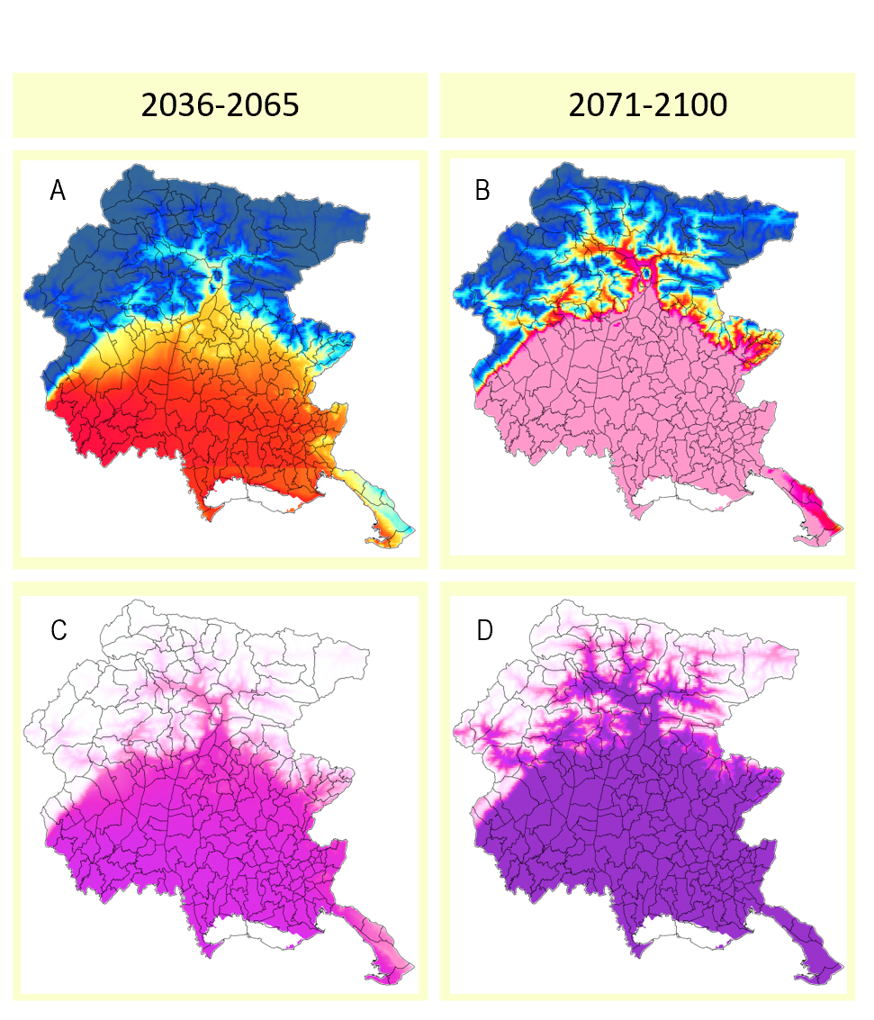 Figura 3 - Andamenti territoriali medi di CDD (sopra A-B) e anomalia versus 1976-2005 (sotto C-D) nei periodi 2036-2065 e 2071-2100 da proiezioni climatiche nello scenari emissivo RCP8.5 