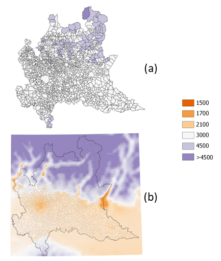 Figura 1 - Gradi giorno - rappresentazione spaziale del dato DPR 412/93 (a) e spazializzato storico per il periodo 1991-2020 (b)