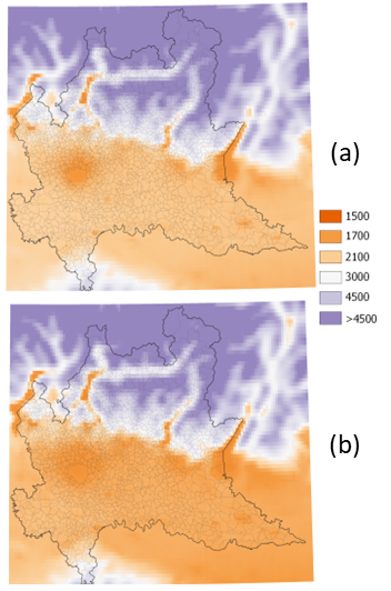 Figura 2 - Gradi giorno - rappresentazione spaziale del dato modellistico (ensemble) per il periodo 2036-2065 scenario RCP 4.5 (a) e RCP 8.5 (b)