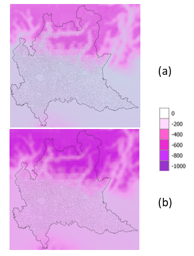 Figura 3 - Rappresentazione spaziale del dell’anomalia rispetto al periodo storico 1991-2020 del periodo futuro 2036-2065 per gli scenari RCP 4.5 (a) e RCP 8.5 (b)