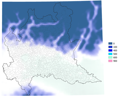 Figura 1 - Gradi giorno raffrescamento:  rappresentazione spaziale del dato modellistico storico per il periodo 1991-2020