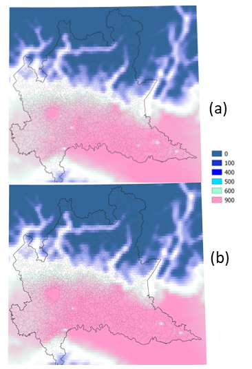 Figura 2 - Gradi giorno raffrescamento: rappresentazione spaziale del dato modellistico (ensemble) per il periodo 2036-2065 scenario RCP 4.5 (a) e RCP 8.5 (b)