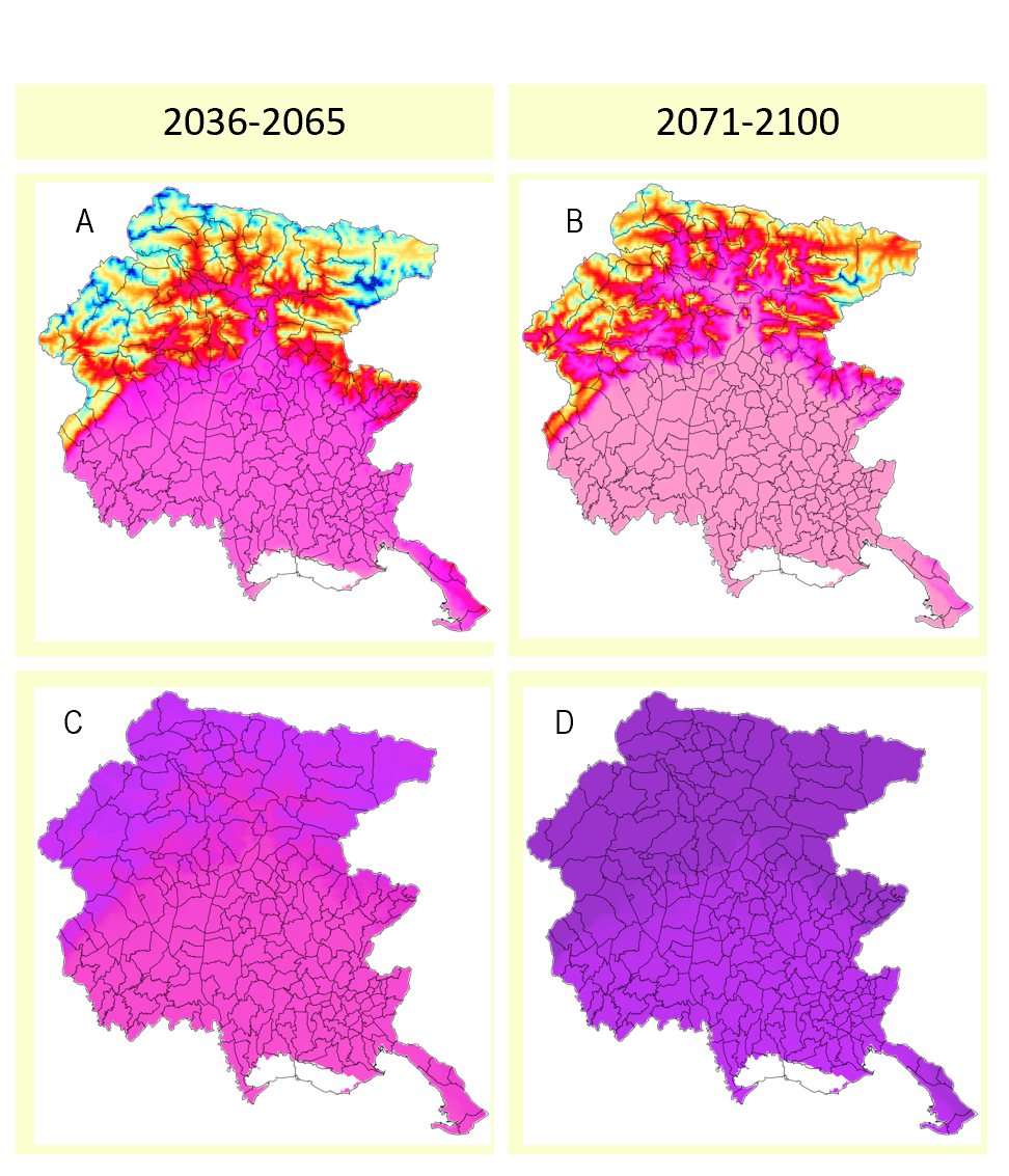 Figura 3 -  Andamenti territoriali medi di HDD (sopra A-B) e anomalia versus 1976-2005 (sotto C-D) nei periodi 2036-2065 e 2071-2100 da proiezioni climatiche nello scenari emissivo RCP8.5 