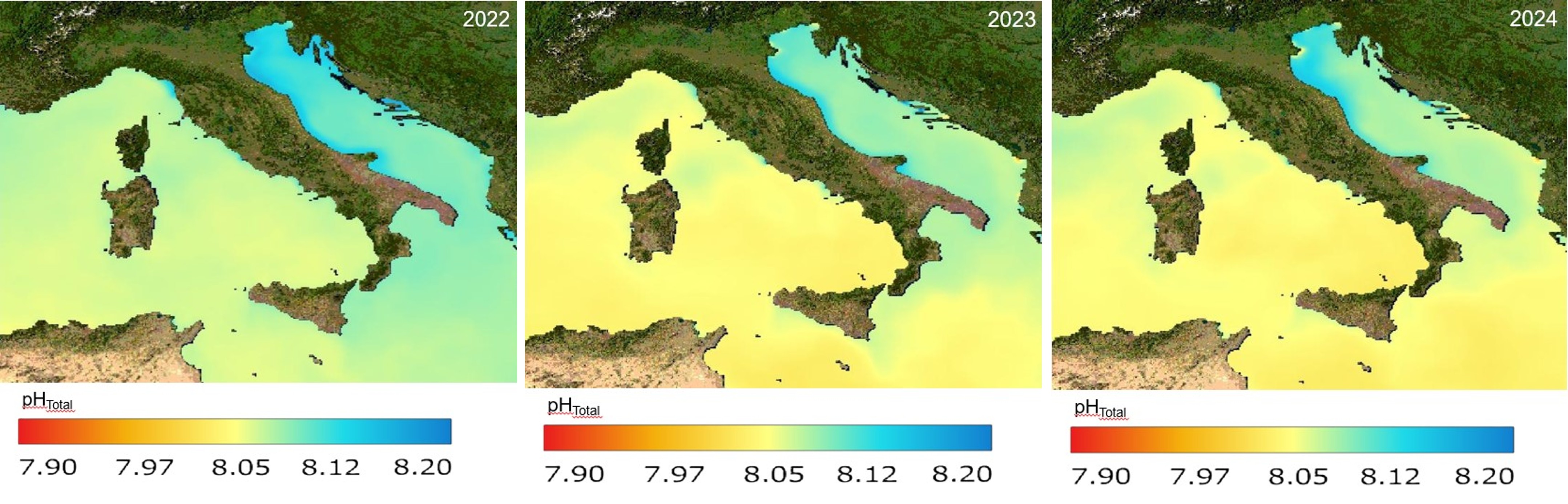 Figura 1 - Valori medi di pH TOT superficiale per gli anni 2022-2023 e 2024.