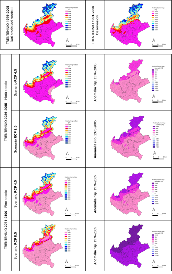 Figura 1 -  Mappe storiche e  proiezioni climatiche in termini assoluti e di anomalia.