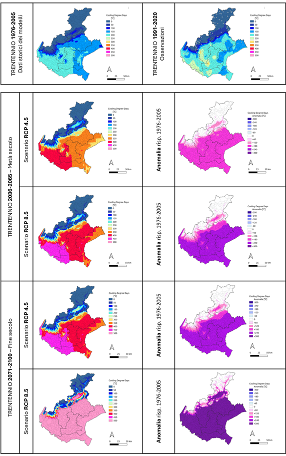 Figura 1 -  Mappe storiche e le proiezioni climatiche in termini assoluti e di anomalia.